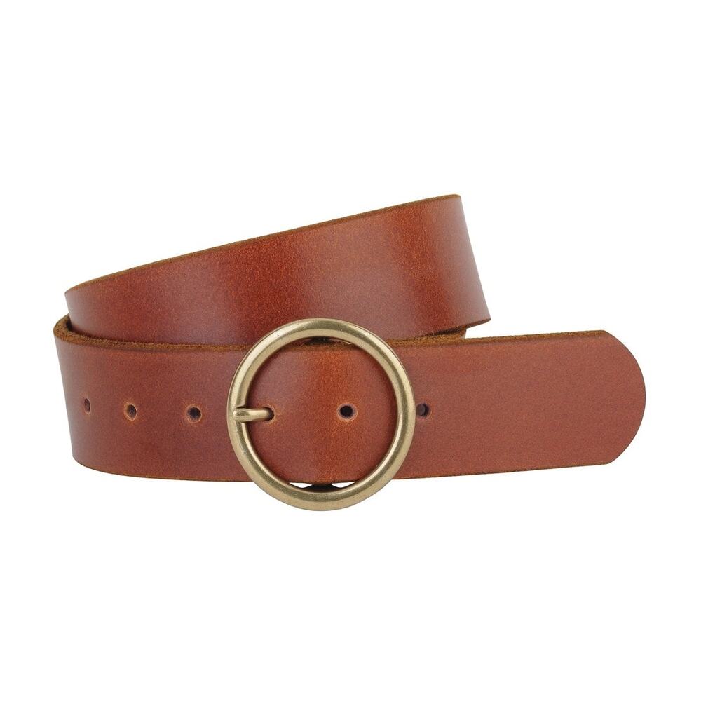 Wide Brass Toned Single Ring Round Buckle Leather Belt Tan
